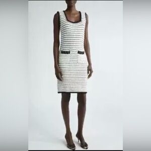 St John white and black tweed square neck sleeveless‎ dress size L career luxury